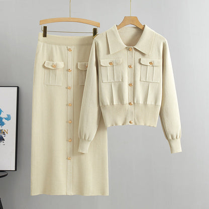 Suéter Chanel con cuello francés para otoño e invierno, cárdigan para mujer, top de punto, falda ajustada, conjunto de dos piezas