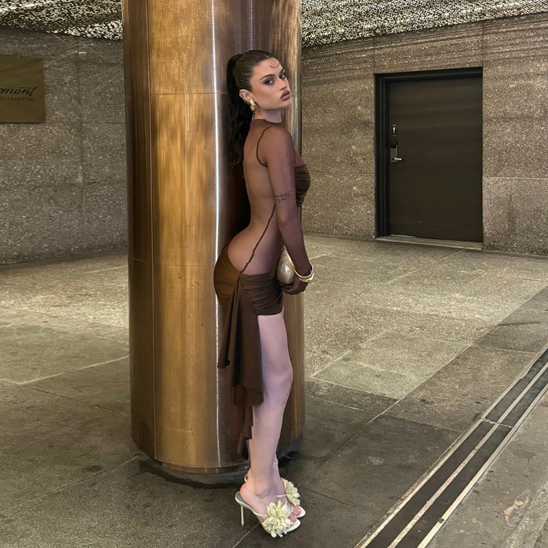 Vestido de otoño-invierno para mujer, sexy, de malla, con aberturas, plisado, cuello redondo, ajustado, de manga larga.