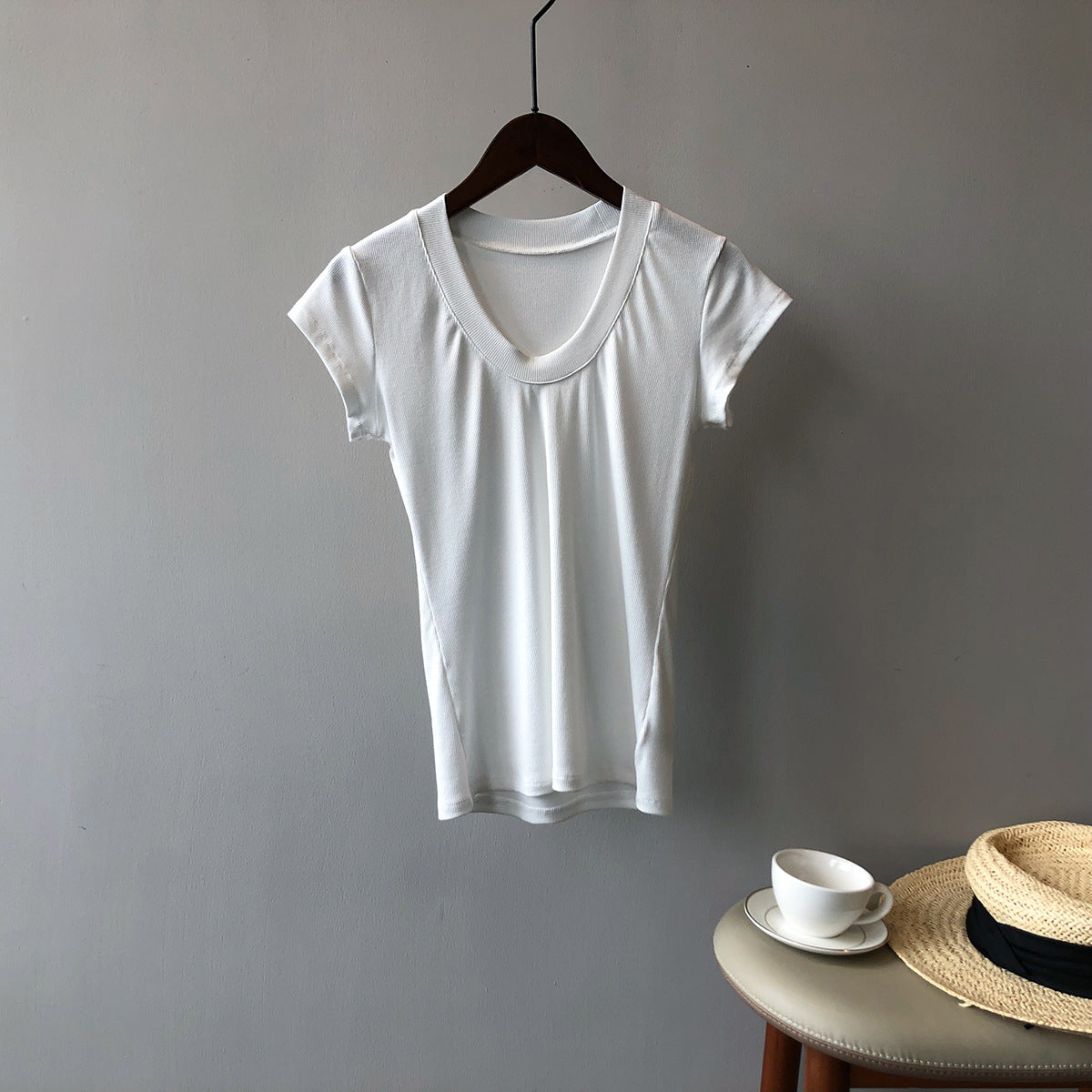 Camiseta de color liso para mujer, camiseta de verano sencilla con cuello en U, camiseta elástica adelgazante para mujer