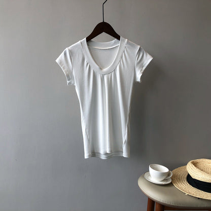 Camiseta de color liso para mujer, camiseta de verano sencilla con cuello en U, camiseta elástica adelgazante para mujer