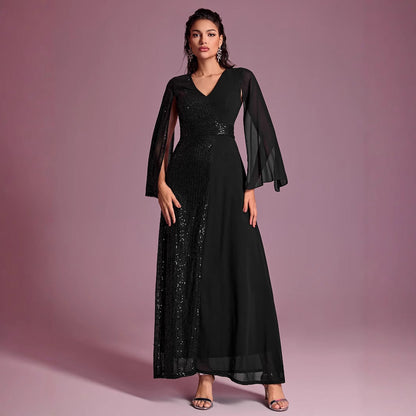 Women Prom Evening Dress Sequin Stitching V neck Split Long Sleeve Party Evening Dress