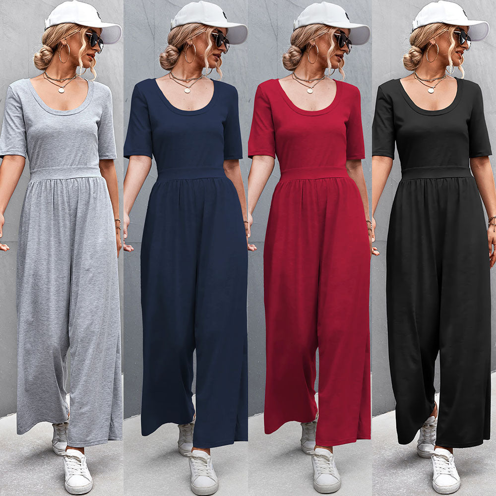 Mono holgado de pierna ancha con cuello en U y manga corta para primavera y verano