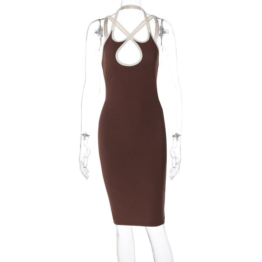Contrast Color Hollow Out Cutout Slim Fit Dress Women Clothing Spring Halter Backless Lace up Hip