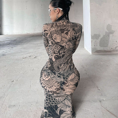Vestido ajustado de cuello alto transparente con estampado de malla de otoño para mujer