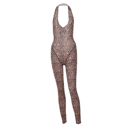 Mono de verano con estampado de leopardo, sexy, escote en V, espalda descubierta, ajustado, estilo halter