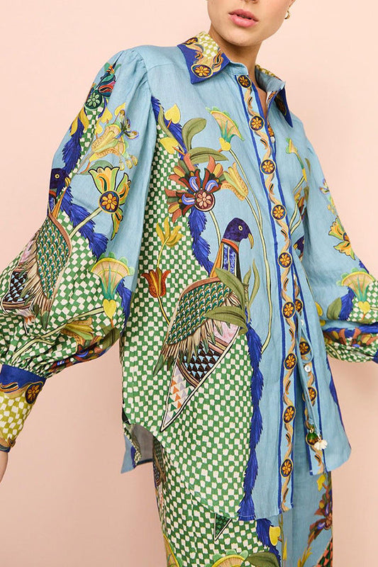 Traje de dos piezas de encaje con mangas abullonadas y estampado personalizado de otoño para mujer, artesanía amplificada
