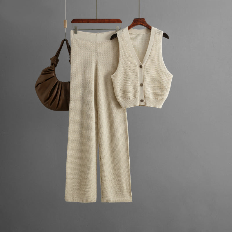 Fashionable Knitted Women Summer V neck Sleeveless Vest High Waist Straight Pants Two Piece Set