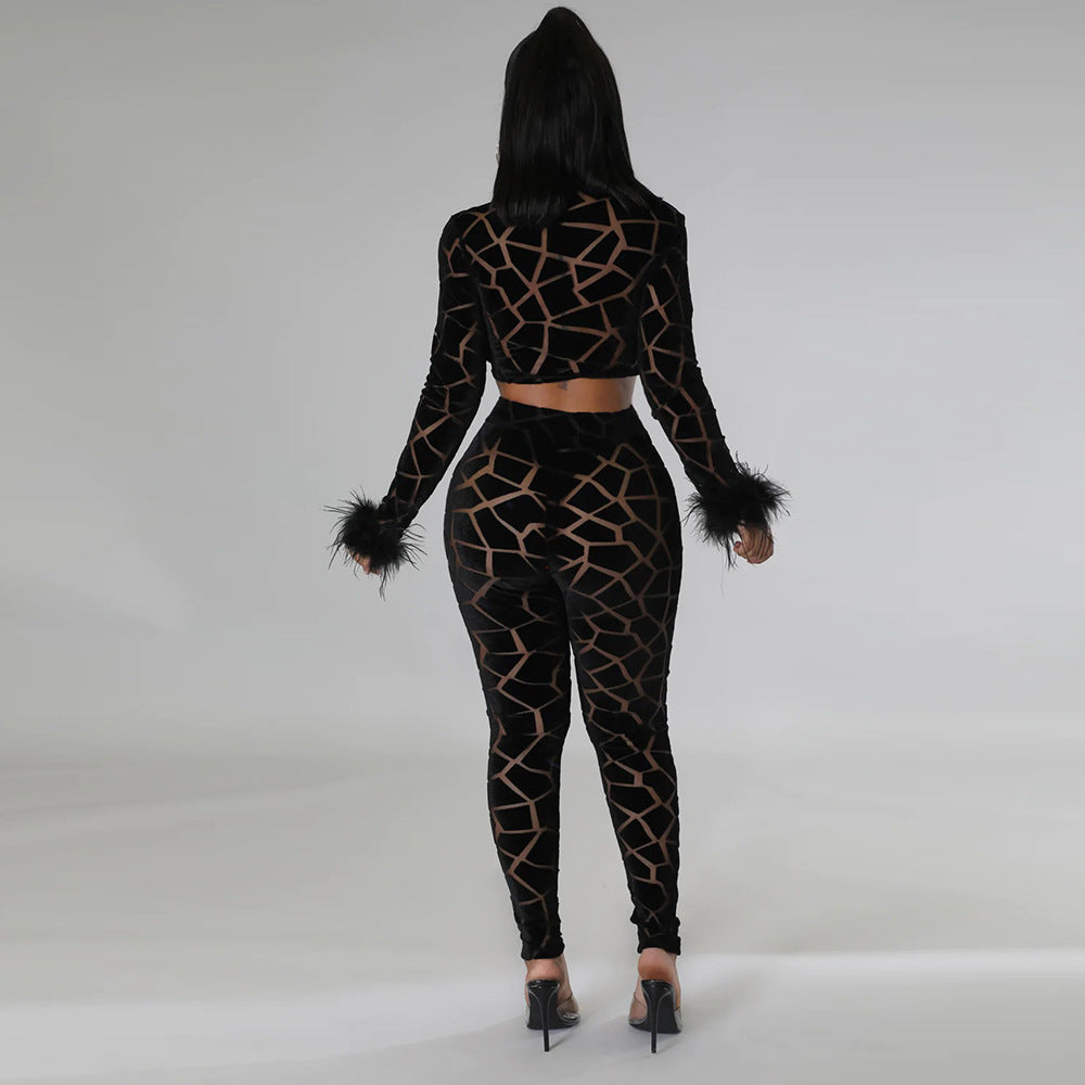 Conjunto de dos piezas de pantalón tubo ajustado y top corto de manga larga para mujer