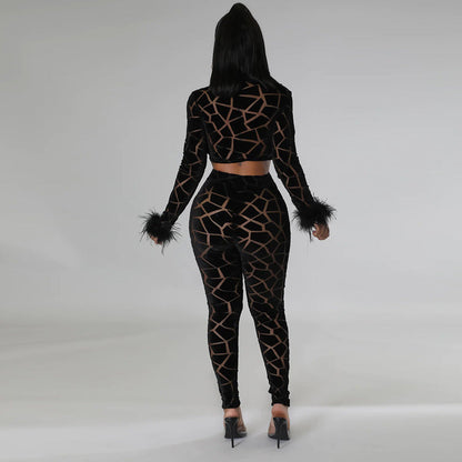 Conjunto de dos piezas de pantalón tubo ajustado y top corto de manga larga para mujer