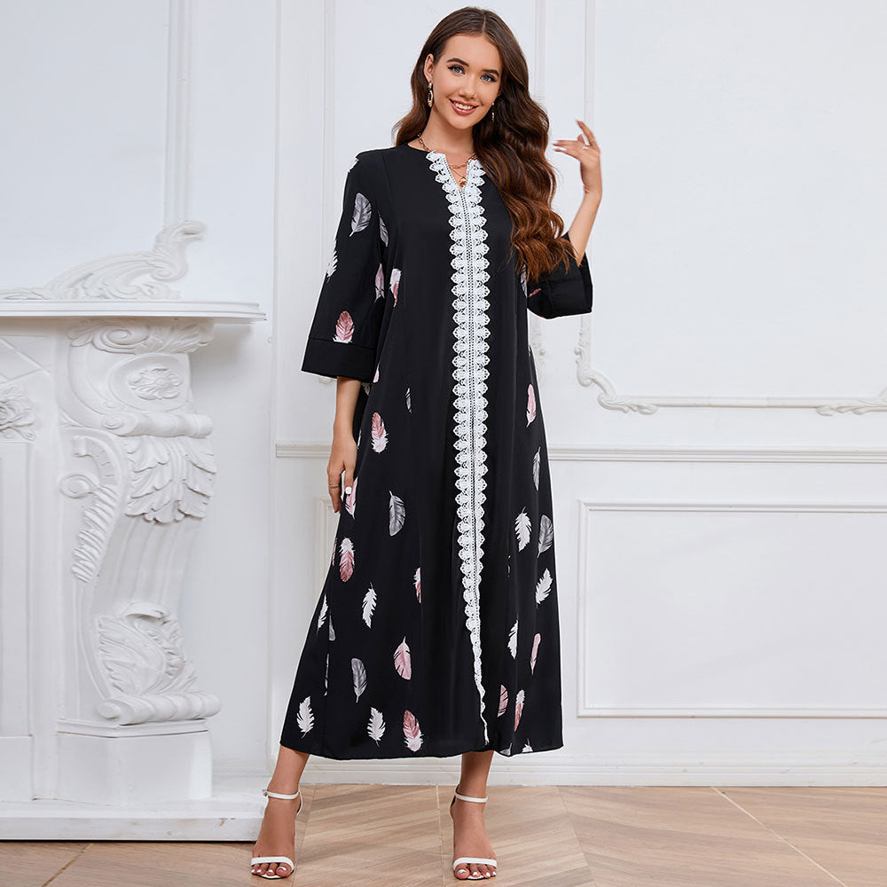 Vestido holgado estampado de Oriente Medio de gasa para mujer, vestido informal cómodo para mujer