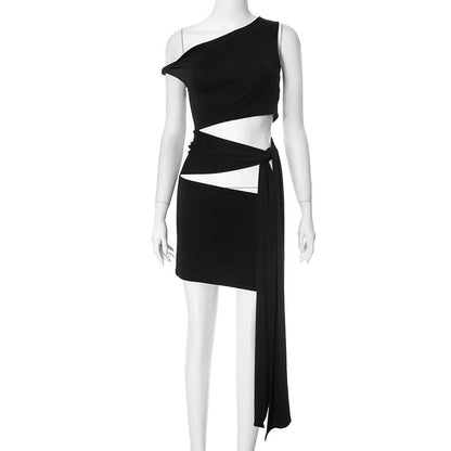 Vestido corto ajustado sin mangas con hombros descubiertos y lazo para mujer, estilo urbano de verano