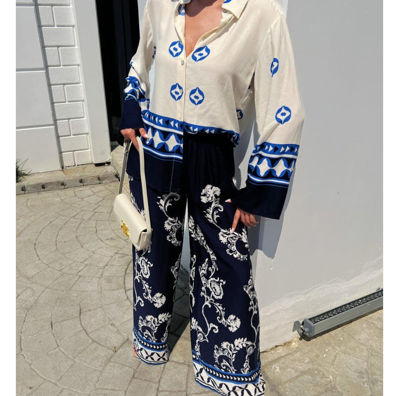 Conjunto de dos piezas de top holgado de manga larga con estampado de posicionamiento para mujer, pantalones de pierna ancha