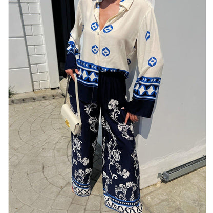 Conjunto de dos piezas de top holgado de manga larga con estampado de posicionamiento para mujer, pantalones de pierna ancha
