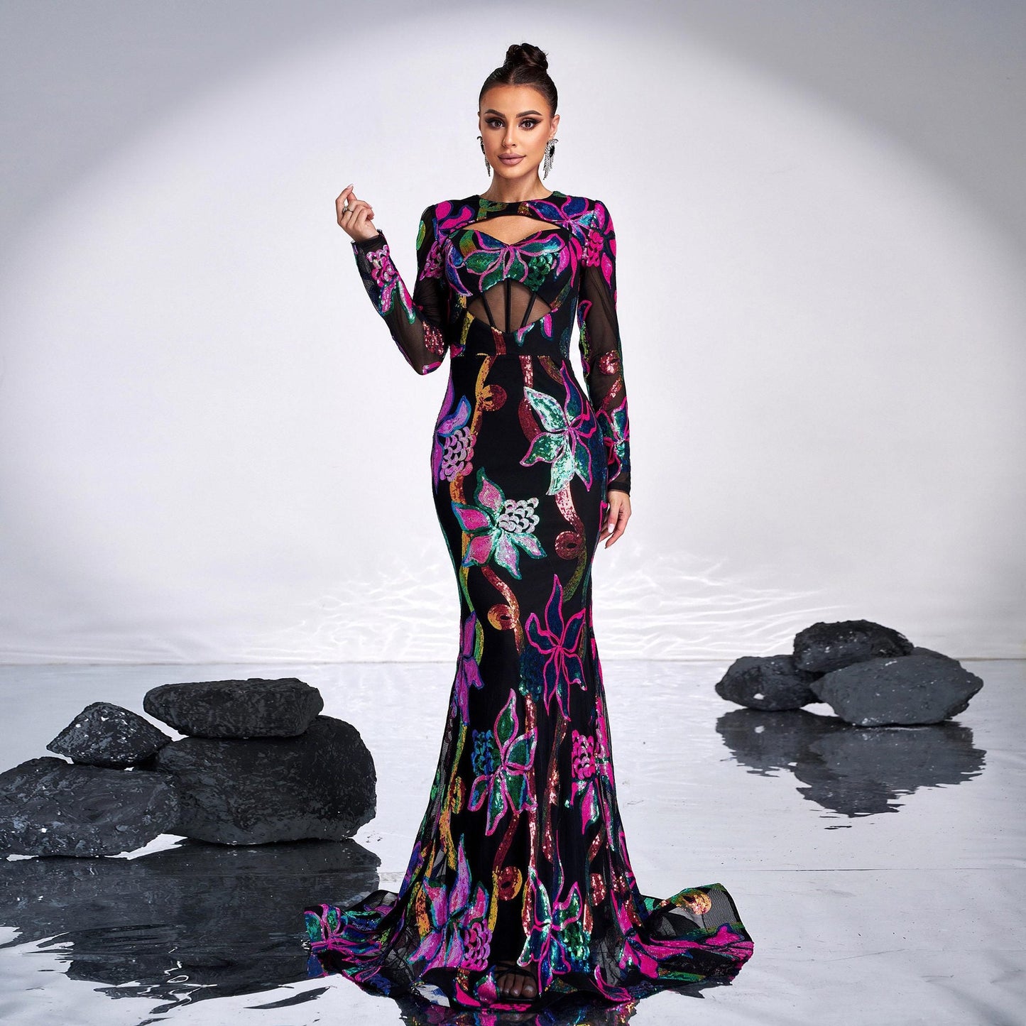 Vestido de noche de cola de pez para cóctel, sexy, con escote redondo y manga larga, con aberturas y lentejuelas, para dama de honor