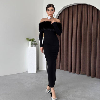 Vestido largo de otoño elegante con hombros descubiertos y cuello de piel ajustado para mujer