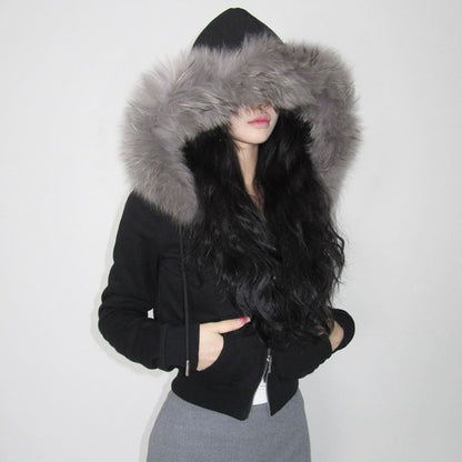 Abrigo de invierno con capucha y empalme peludo estilo retro urbano, ajustado, cálido, con cremallera de doble cara