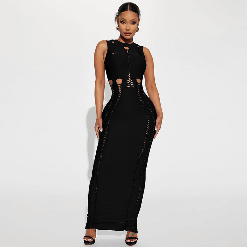 Vestido de verano sin mangas con cuello redondo y aberturas en color liso para mujer