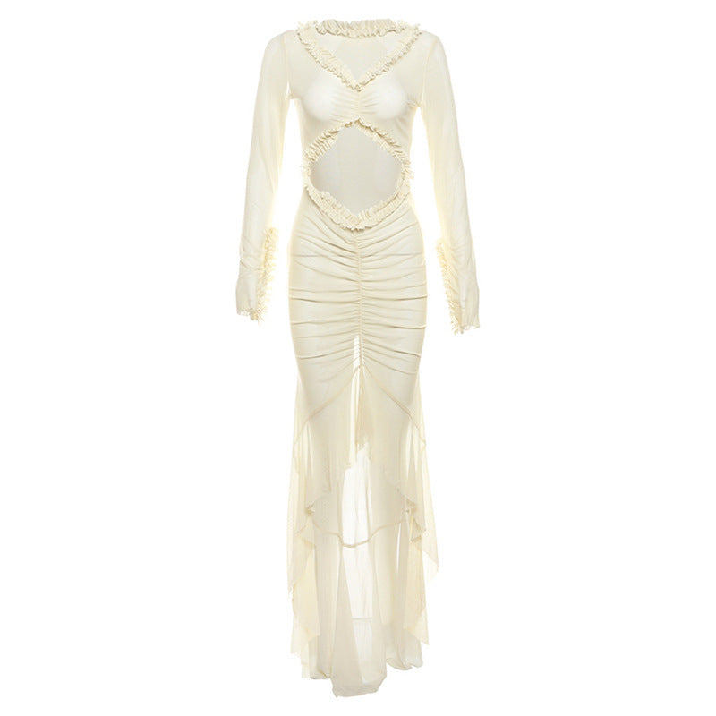 Colección de verano para mujer, vestido ajustado de encaje plisado con escote en V transparente sexy en L con aberturas