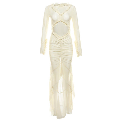 Colección de verano para mujer, vestido ajustado de encaje plisado con escote en V transparente sexy en L con aberturas