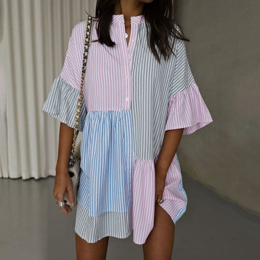 Vestido informal de manga corta con estampado de rayas y contraste de colores para primavera y verano para mujer