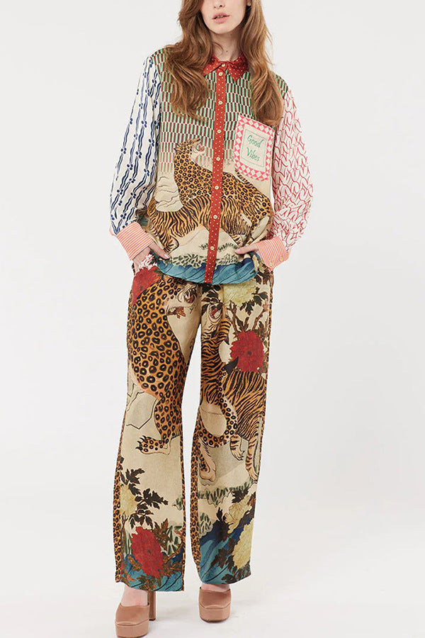 Traje informal de dos piezas con camisa y pantalones de manga larga y estampado de leopardo para vacaciones