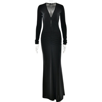 Vestido sexy plisado con aberturas y escote en V profundo de manga larga ajustado hasta la cadera