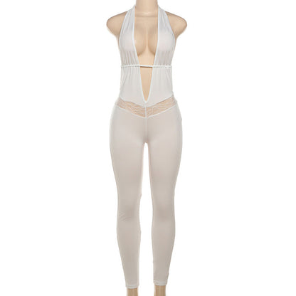 Mono de verano para mujer, sexy, con cuello en V profundo, sin espalda, con encaje, calado y pantalones ajustados