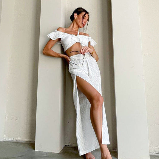 Conjunto de pantalones sexys de verano para mujer con costuras con volantes y mangas voladoras con abertura en jacquard