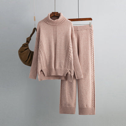 Conjunto informal de jersey de cuello alto y tejido grueso para mujer, pantalones anchos y sueltos de pierna ancha para otoño e invierno, dos piezas