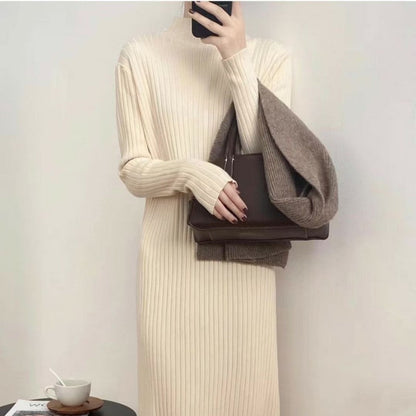 Suéter de cuello alto para otoño e invierno para mujer, largo medio por debajo de la rodilla, abrigo básico con borlas, vestido de punto con vuelo