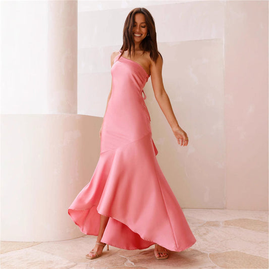 Vestido de cola de pez sin espalda, ajustado, con hombros oblicuos y encaje sexy para primavera y verano