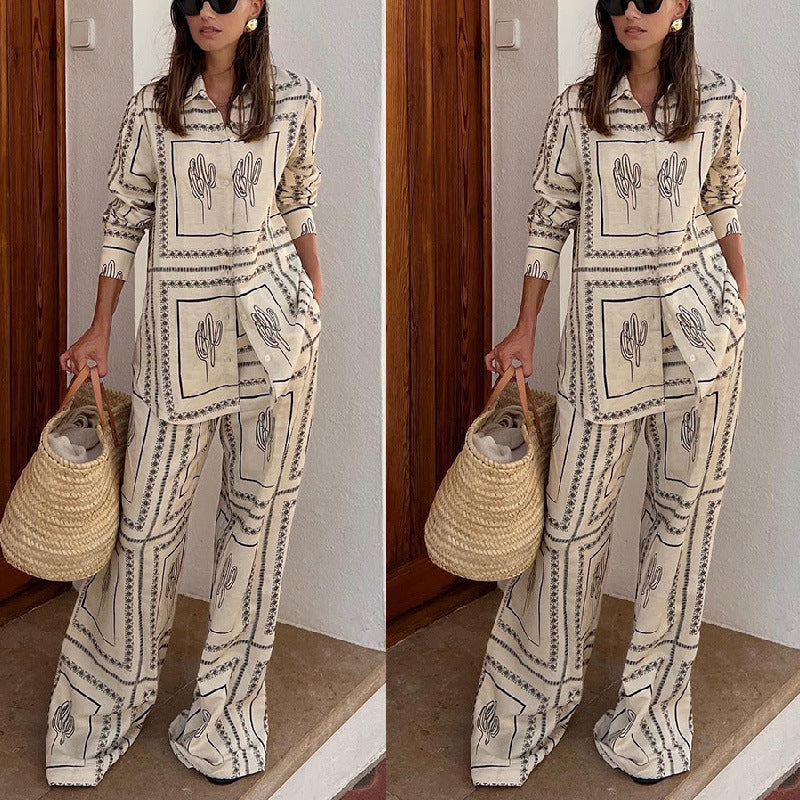 Camisa de manga larga estampada Pantalones Traje de dos piezas Ropa para el hogar