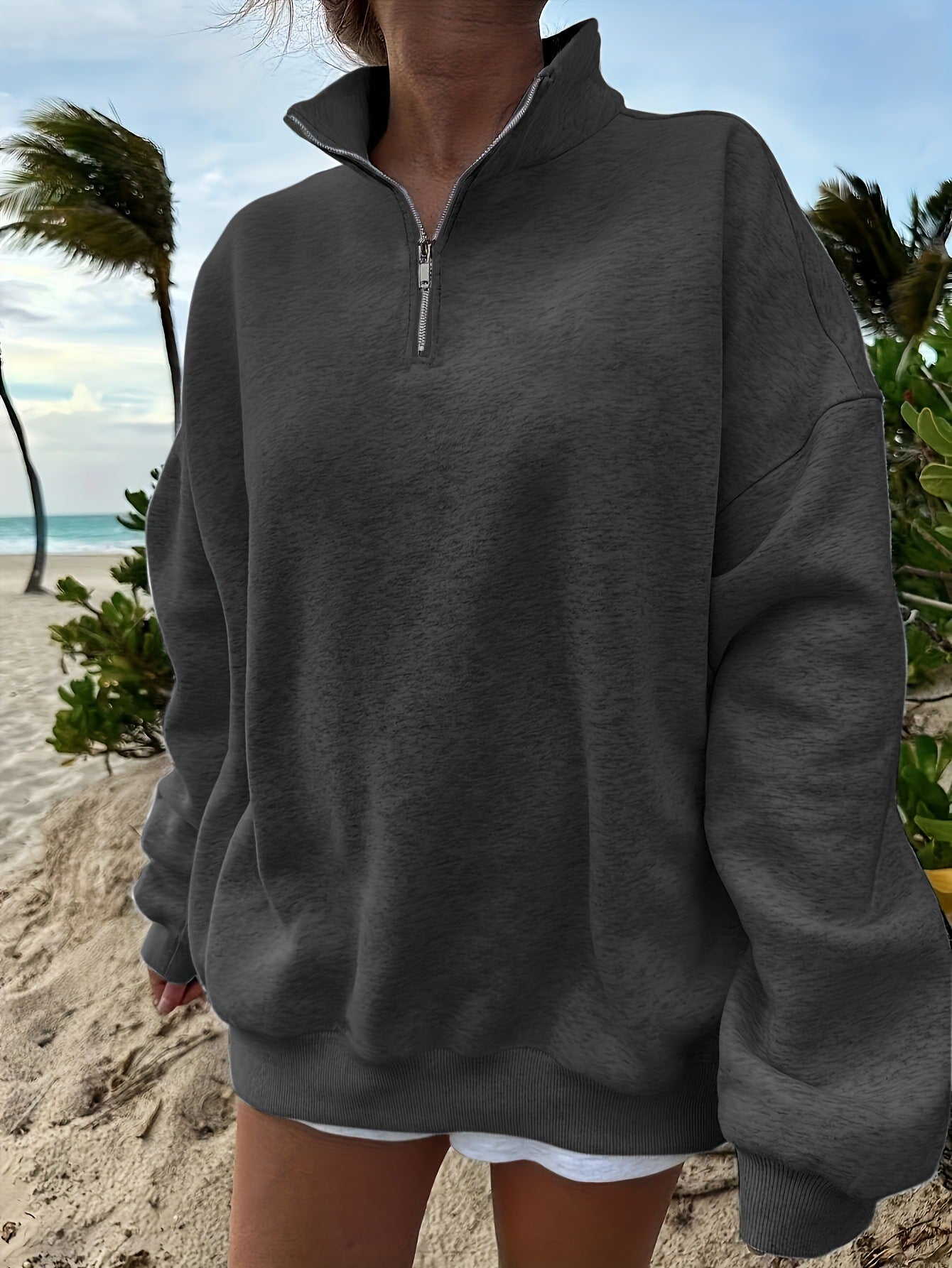 Sudadera para exteriores, otoño e invierno, informal, holgada, de manga larga, con media cremallera para mujer