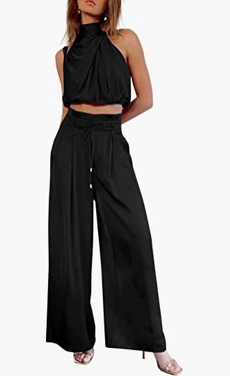 Conjunto de dos piezas informal sin mangas con cuello para mujer, pantalones de pierna ancha, top corto de verano