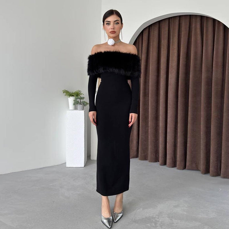 Vestido largo de otoño elegante con hombros descubiertos y cuello de piel ajustado para mujer