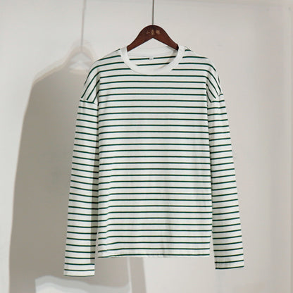 Camiseta de rayas de manga larga, de primavera, moderna, informal, salvaje, con cuello redondo, de algodón a rayas.