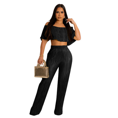 Traje de pantalón ancho con hombros descubiertos y volantes plisados para mujer