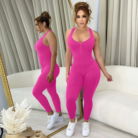 Ropa de mujer Ropa de verano para mujer Monos ajustados con cremallera y color liso para tiro callejero
