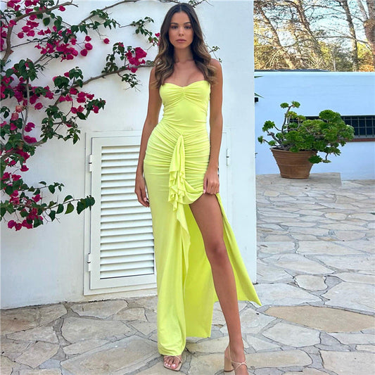 Women Clothing Autumn Winter Halter Off Neck Pleating Slit Slim Fitting Dress Women