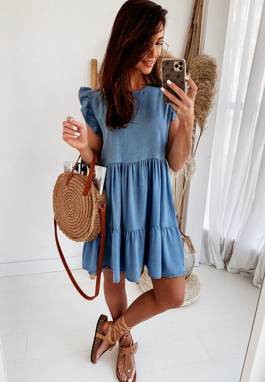 Vestido vaquero de manga corta con cuello redondo para mujer, holgado, con estampado de pastel, para primavera y verano