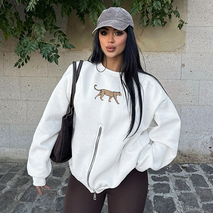 Ropa de mujer, abrigo informal holgado de manga larga con estampado de leopardo y cuello redondo con cremallera para invierno