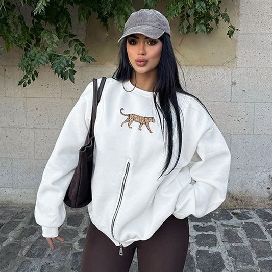 Ropa de mujer, abrigo informal holgado de manga larga con estampado de leopardo y cuello redondo con cremallera para invierno