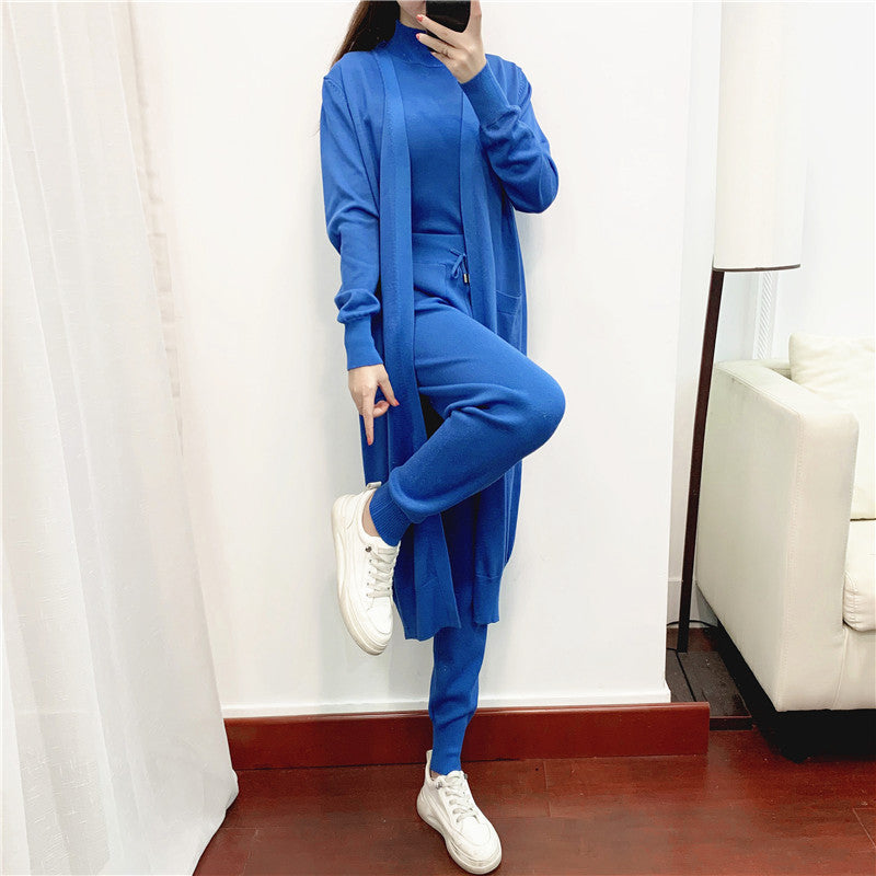 Conjuntos elegantes de moda de otoño para mujer, ropa de estilo occidental, aspecto juvenil, informal, de punto, cárdigan, chaleco, pantalones, conjunto de tres piezas