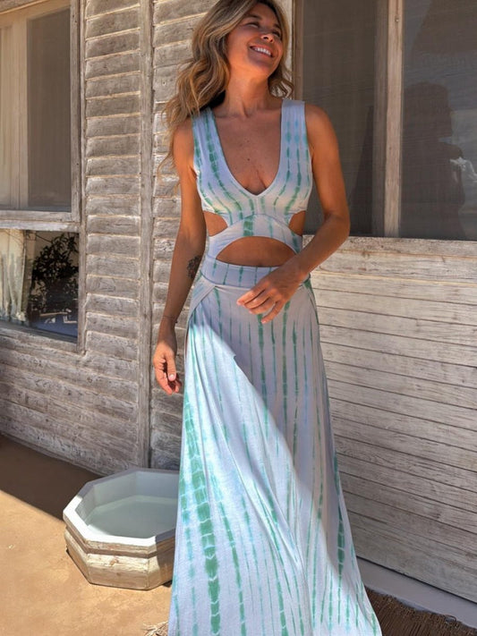 Vestido de verano estampado con escote en V, traje corto, vestido largo con abertura y chaleco sexy