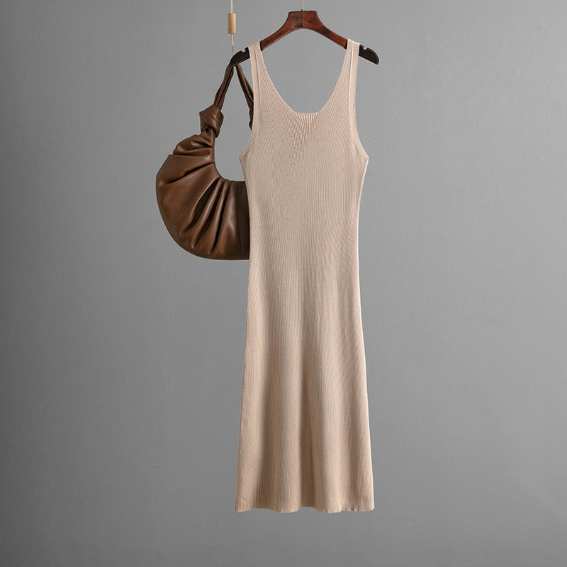 Vestido maxi sexy de punto con tirantes, de verano, de color liso, con abertura en la espalda