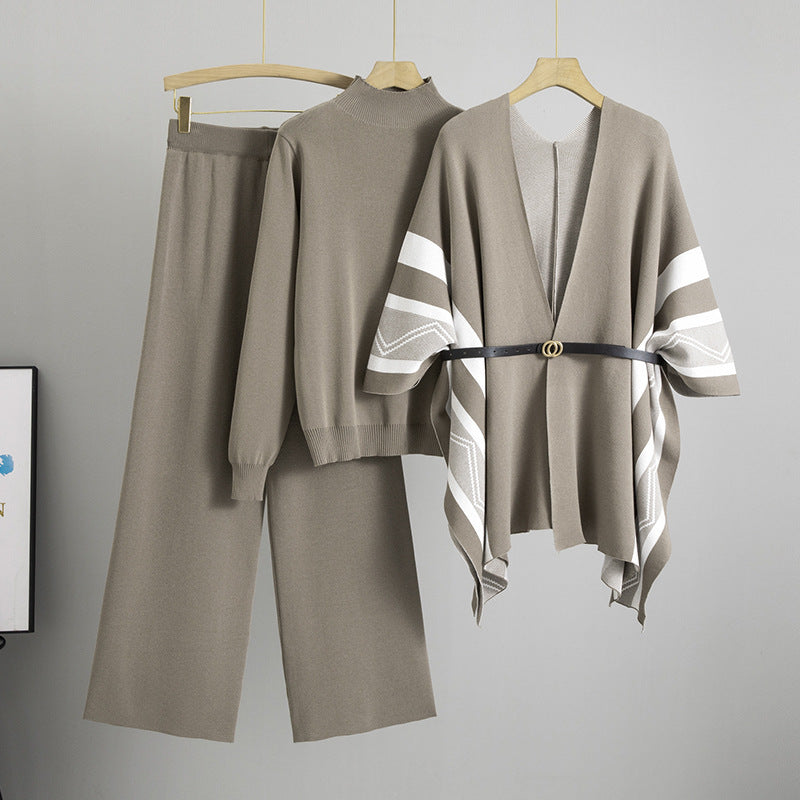 Conjunto de tres piezas de cárdigan de punto con cuello alto y pantalones de pierna ancha para mujer, elegante y a la moda, de primavera