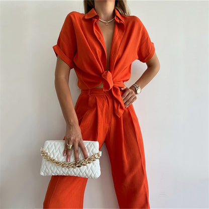 Traje de pantalón de pierna ancha para primavera y verano, camisa de manga holgada, top, pantalones casuales, ropa de dos piezas para mujer