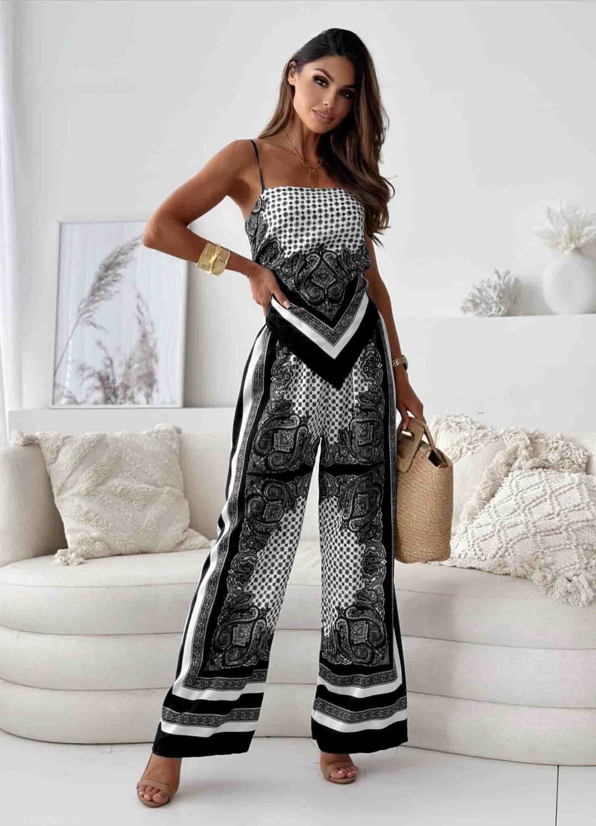 Conjunto de dos piezas para mujer, con estampado sexy, tirantes finos, corsé, pantalones florales y posicionamiento
