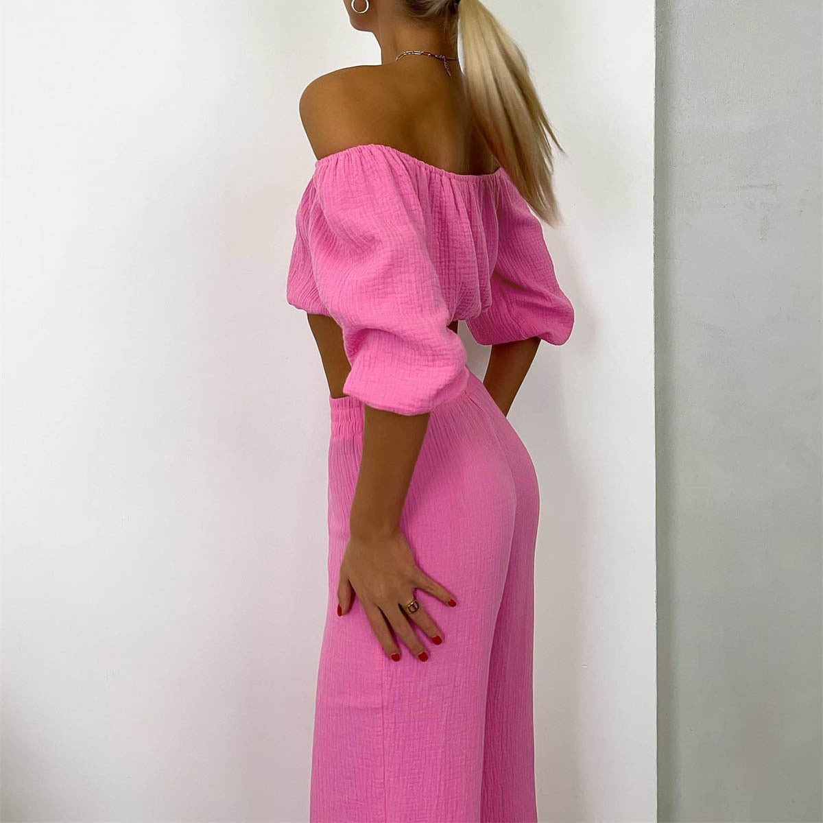 Traje informal de dos piezas para mujer, de verano, de algodón puro, color sólido, con cuello halter, manga corta, cintura alta, pantalones anchos y pierna.