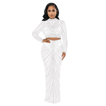 Conjunto de dos piezas de vestido de manga larga transparente con perforaciones de malla para mujer